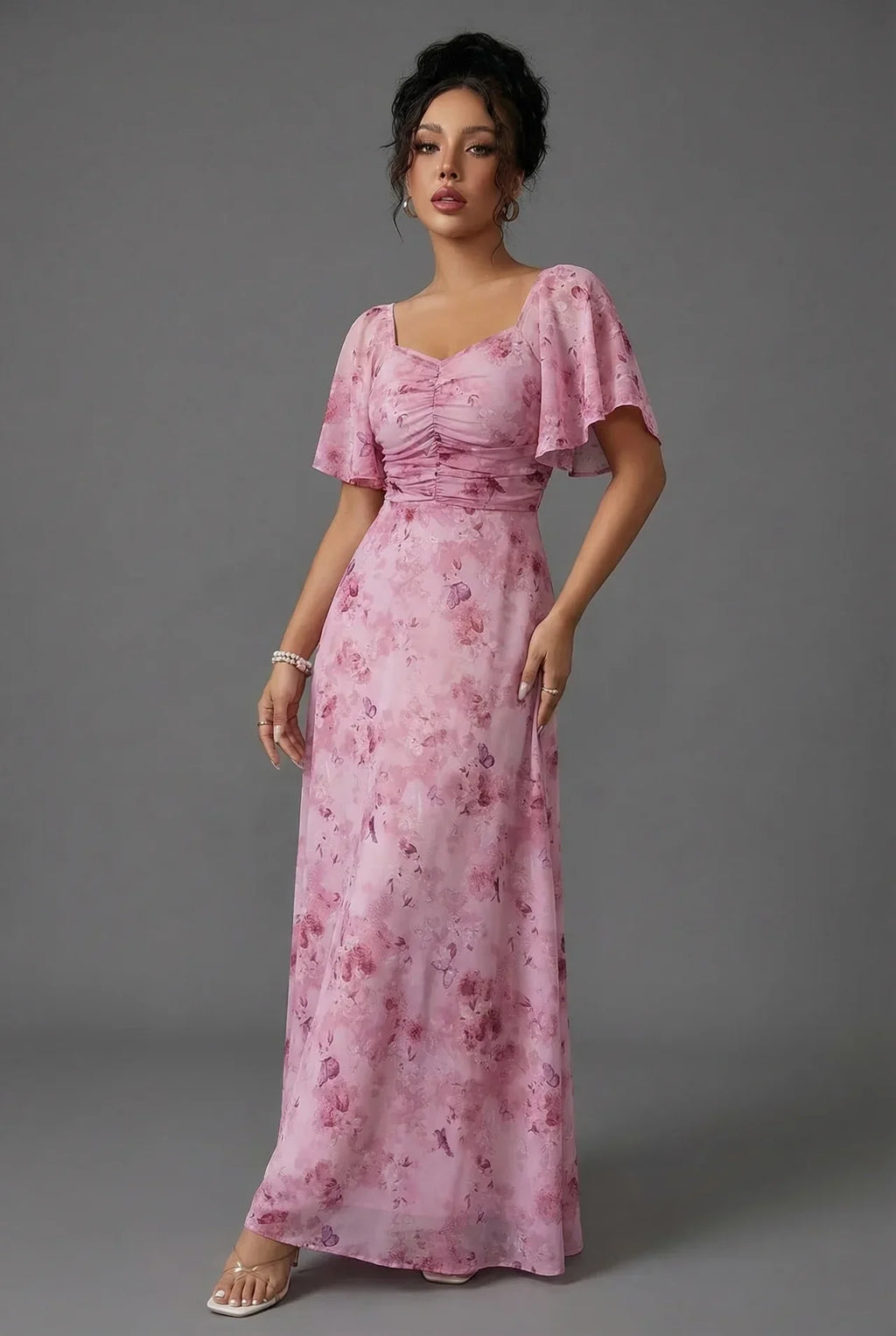 Fleur | Floral Bridesmaid Dresses Maxi Flutter Sleeve Chiffon