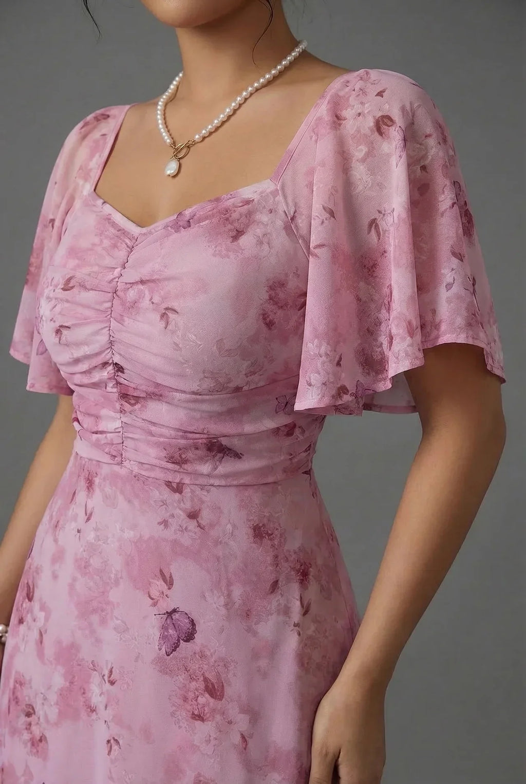 Fleur | Floral Bridesmaid Dresses Maxi Flutter Sleeve Chiffon