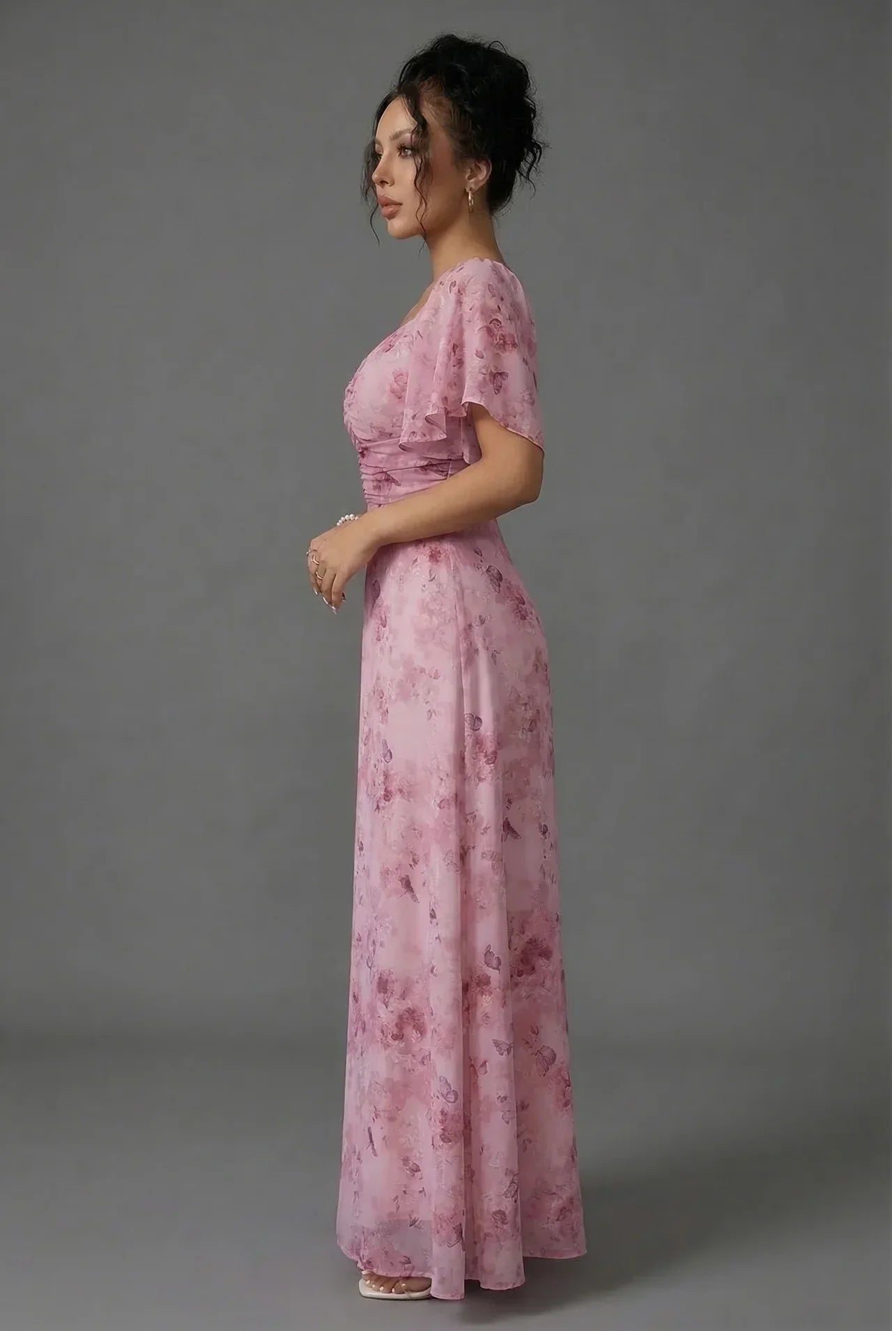 Fleur | Floral Bridesmaid Dresses Maxi Flutter Sleeve Chiffon