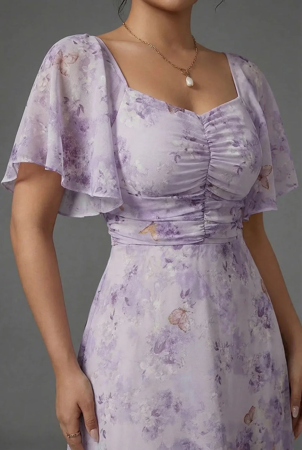 Fleur | Floral Bridesmaid Dresses Maxi Flutter Sleeve Chiffon