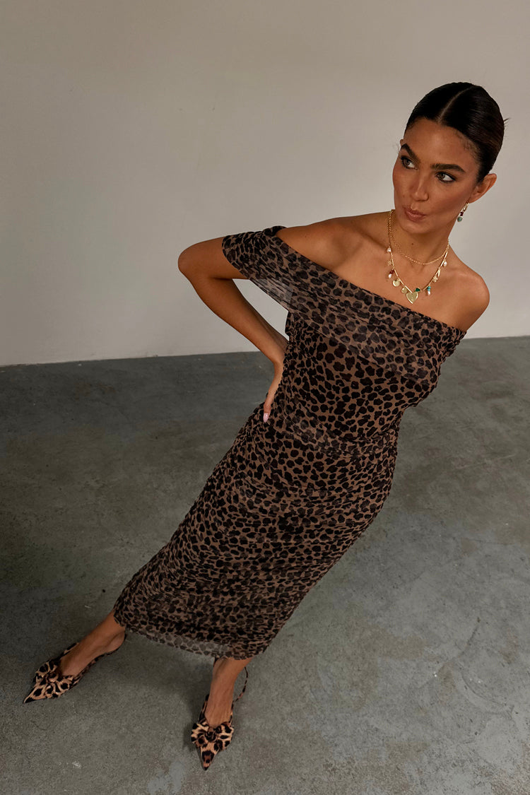 Giselle | Women Leopard Print Mesh Ruched Dress With Slip