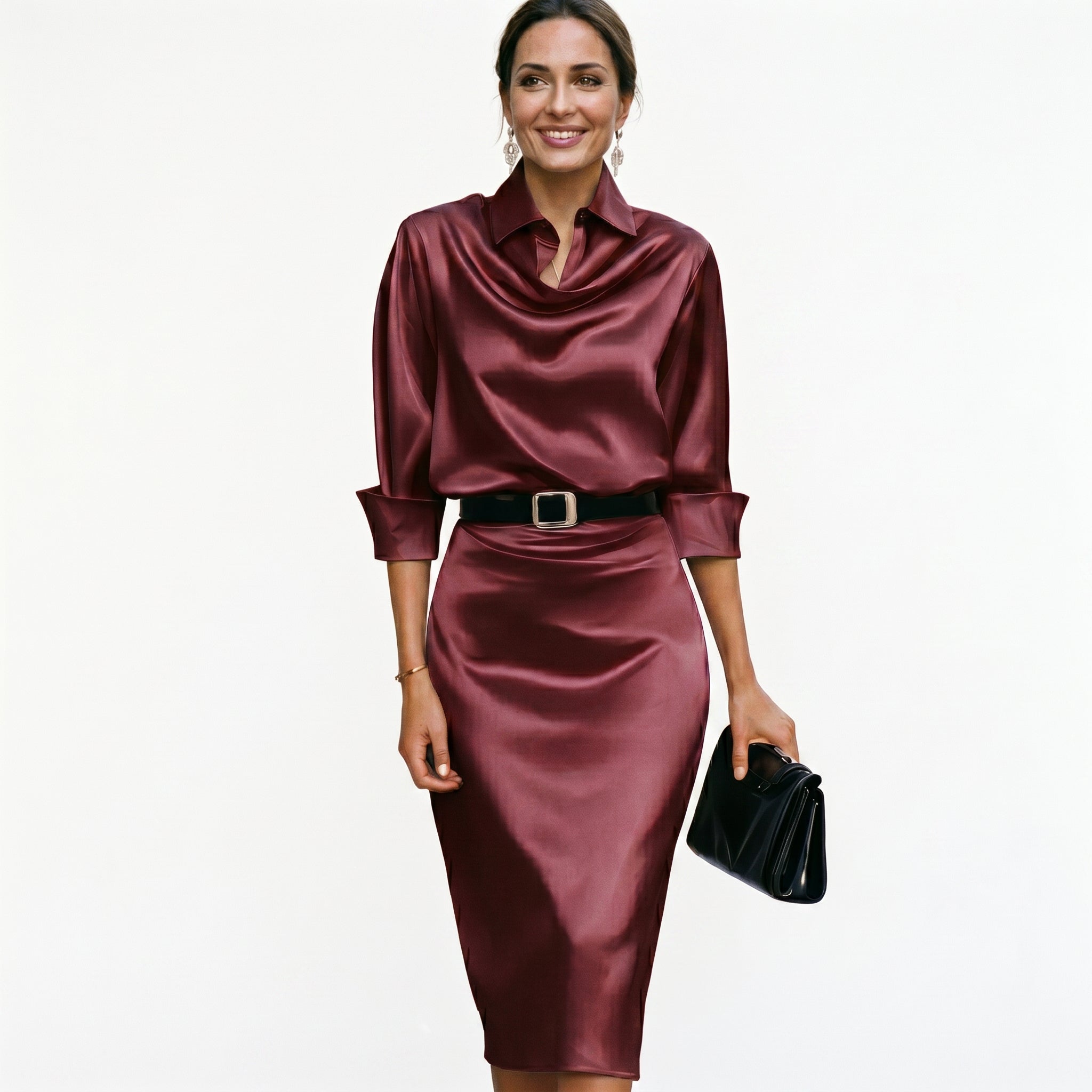 Faustine | Satin Draped Neck Wedding Guest Midi Dresses