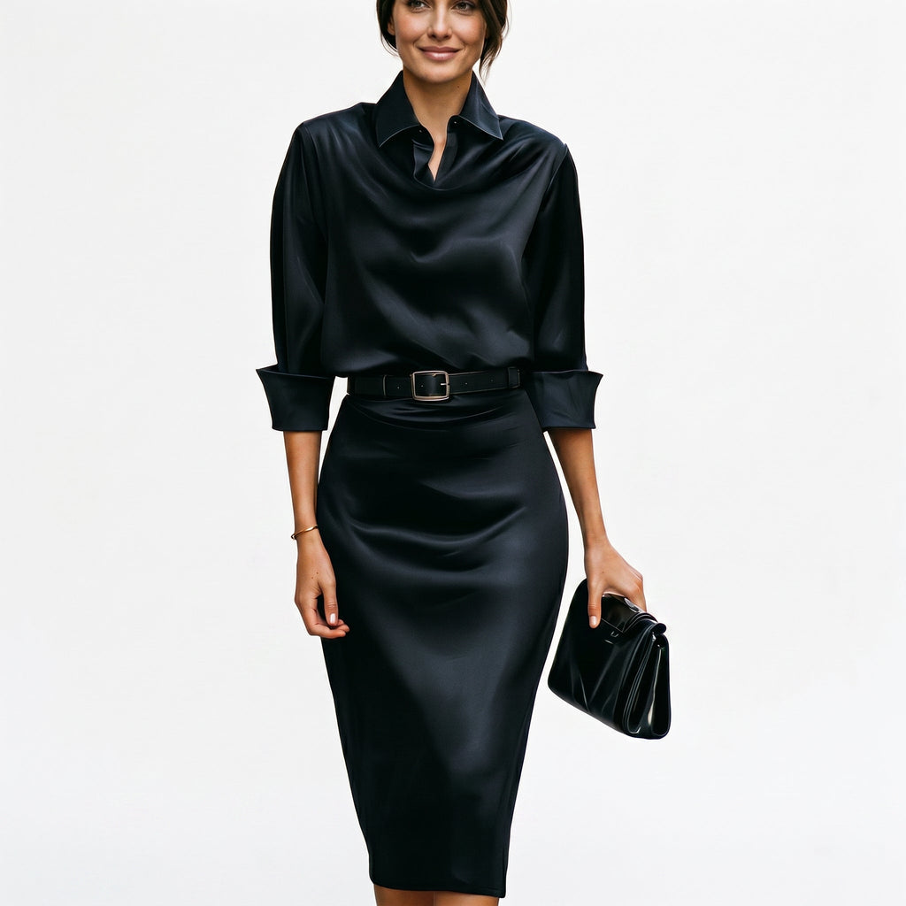 Faustine | Satin Draped Neck Wedding Guest Midi Dresses