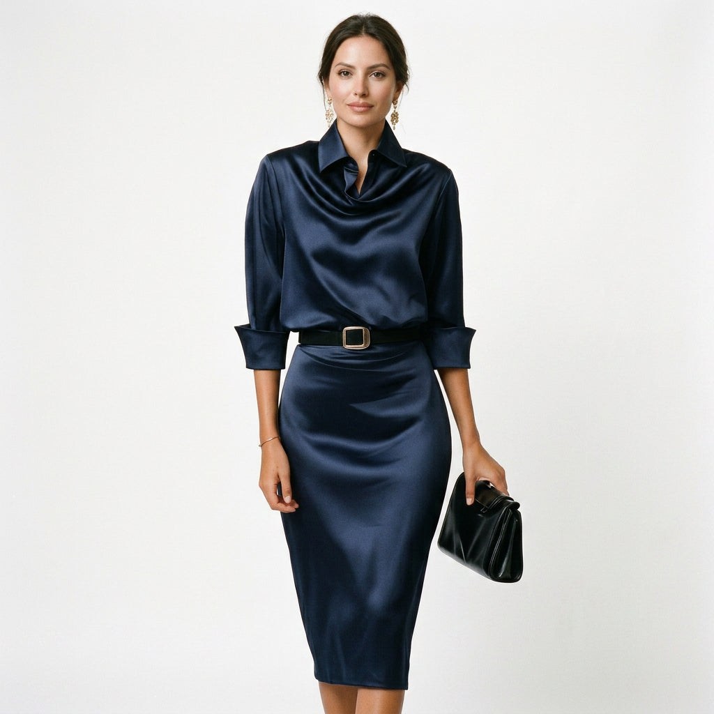 Faustine | Satin Draped Neck Wedding Guest Midi Dresses