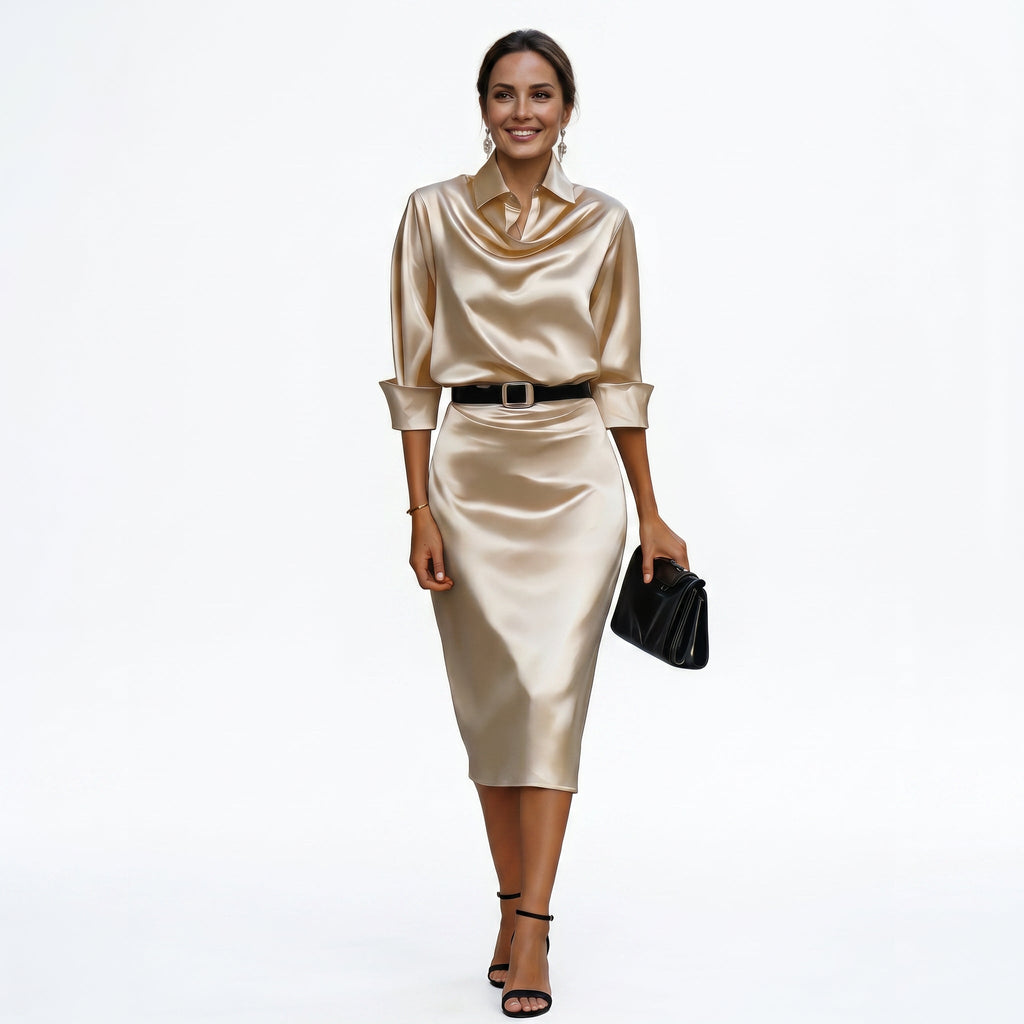 Faustine | Satin Draped Neck Wedding Guest Midi Dresses