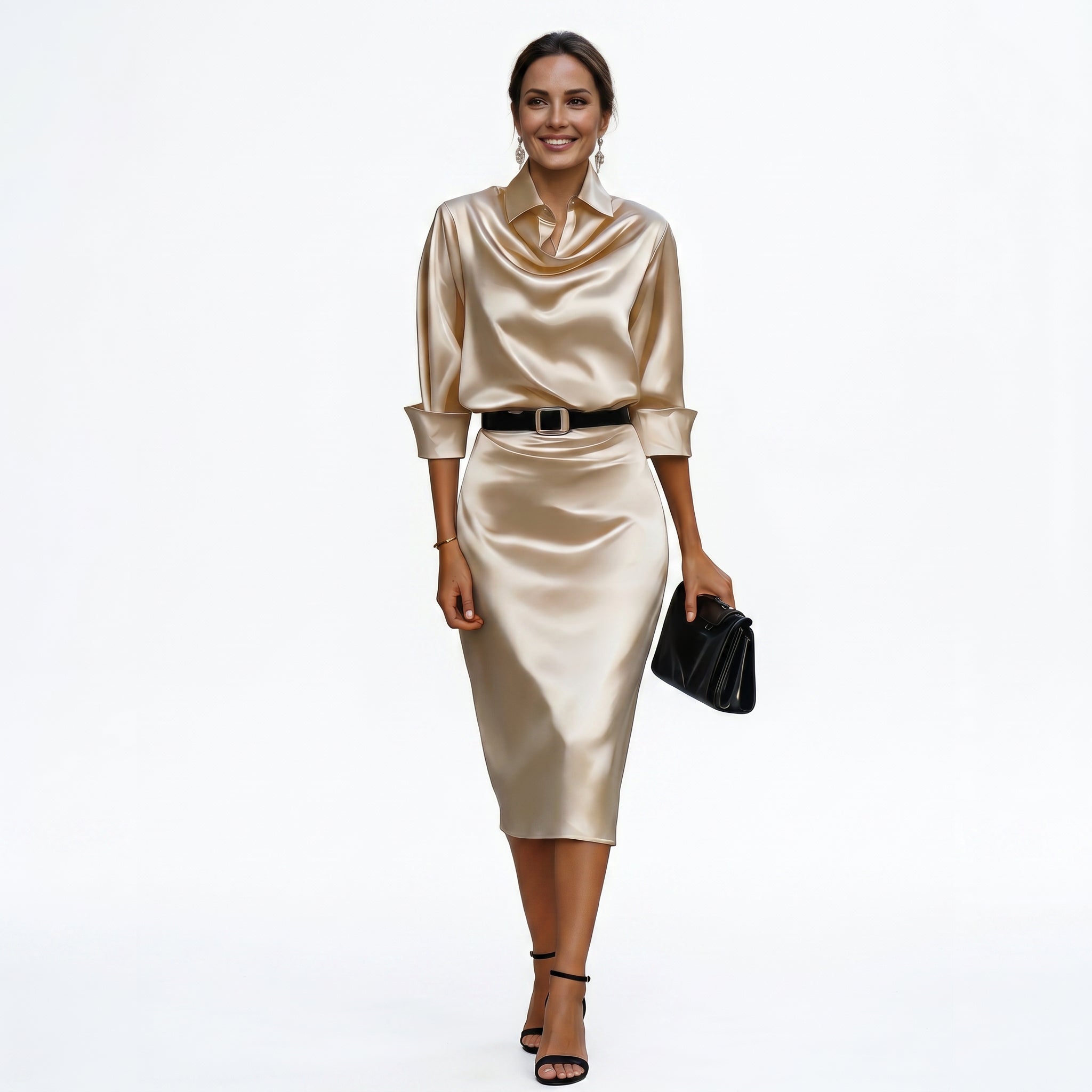 Faustine | Satin Draped Neck Wedding Guest Midi Dresses