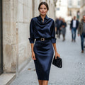 Faustine | Satin Draped Neck Wedding Guest Midi Dresses