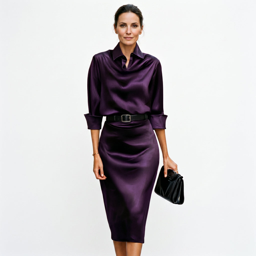 Faustine | Satin Draped Neck Wedding Guest Midi Dresses