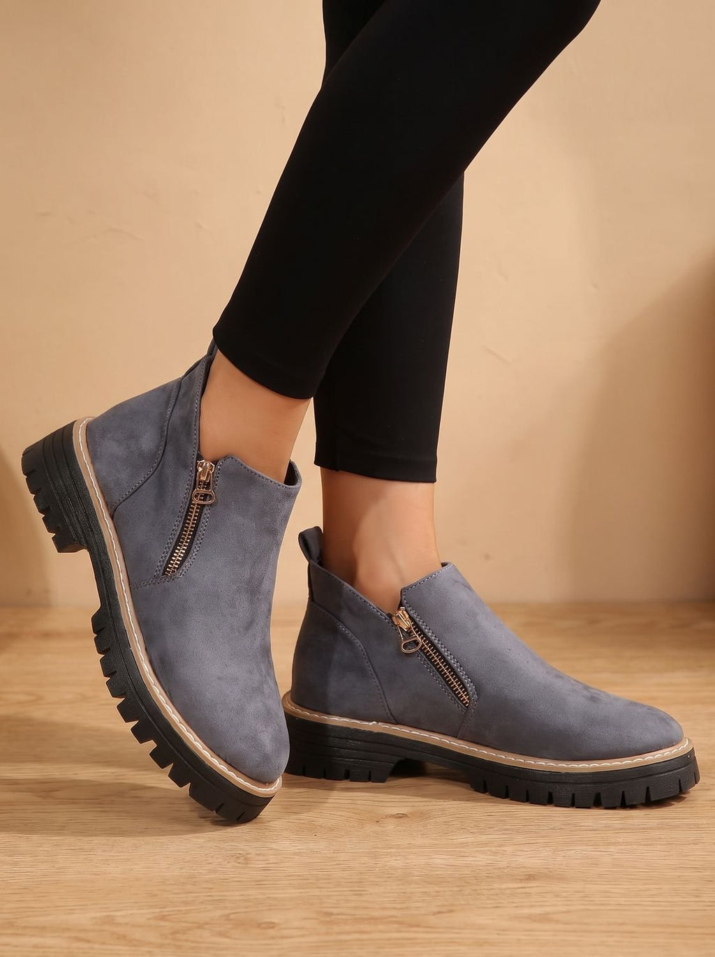 Solene | Leopard Print Black Leather Low Heel Chunky Ankle Boots — Blue
