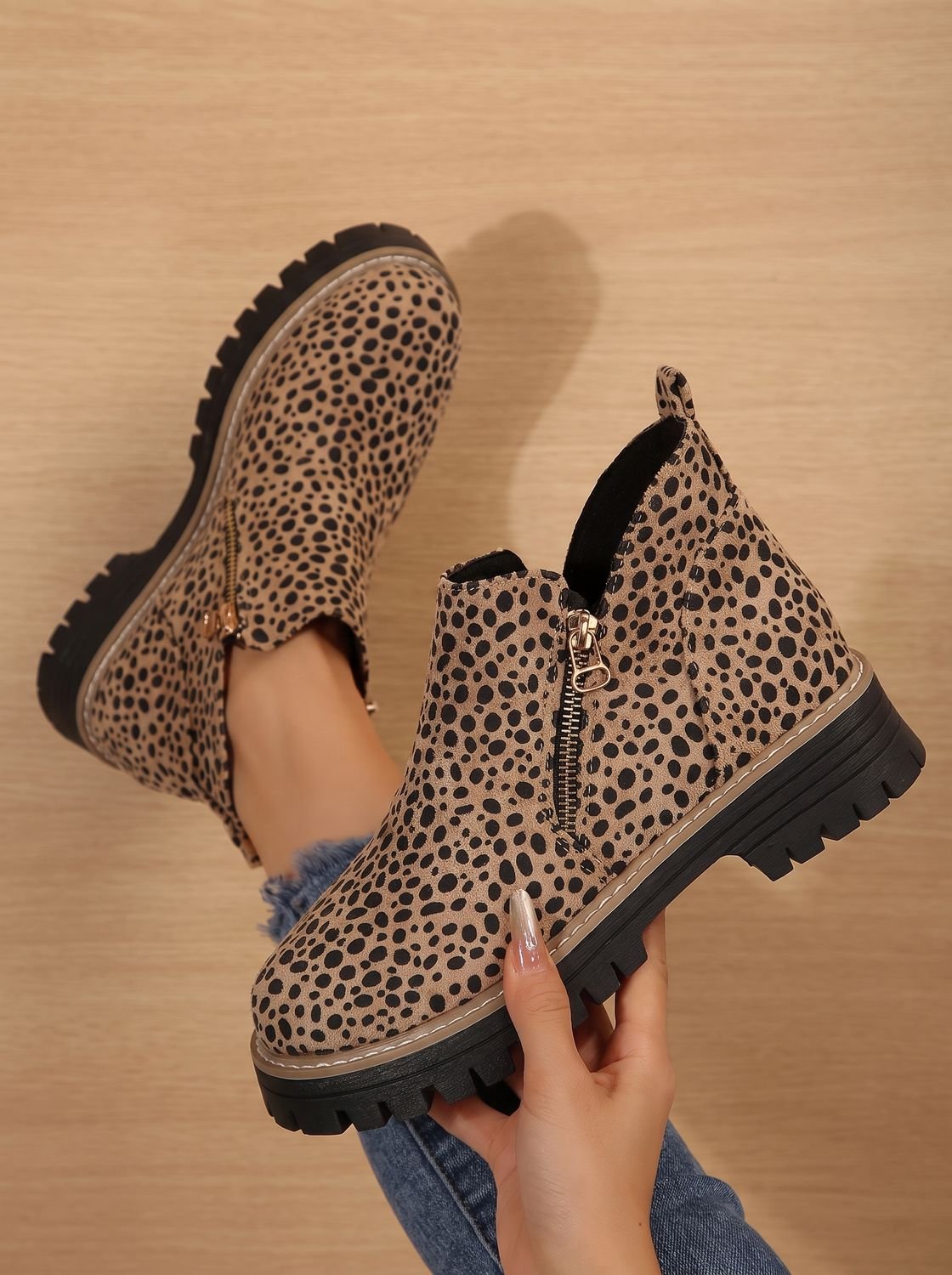Solene | Leopard Print Black Leather Low Heel Chunky Ankle Boots