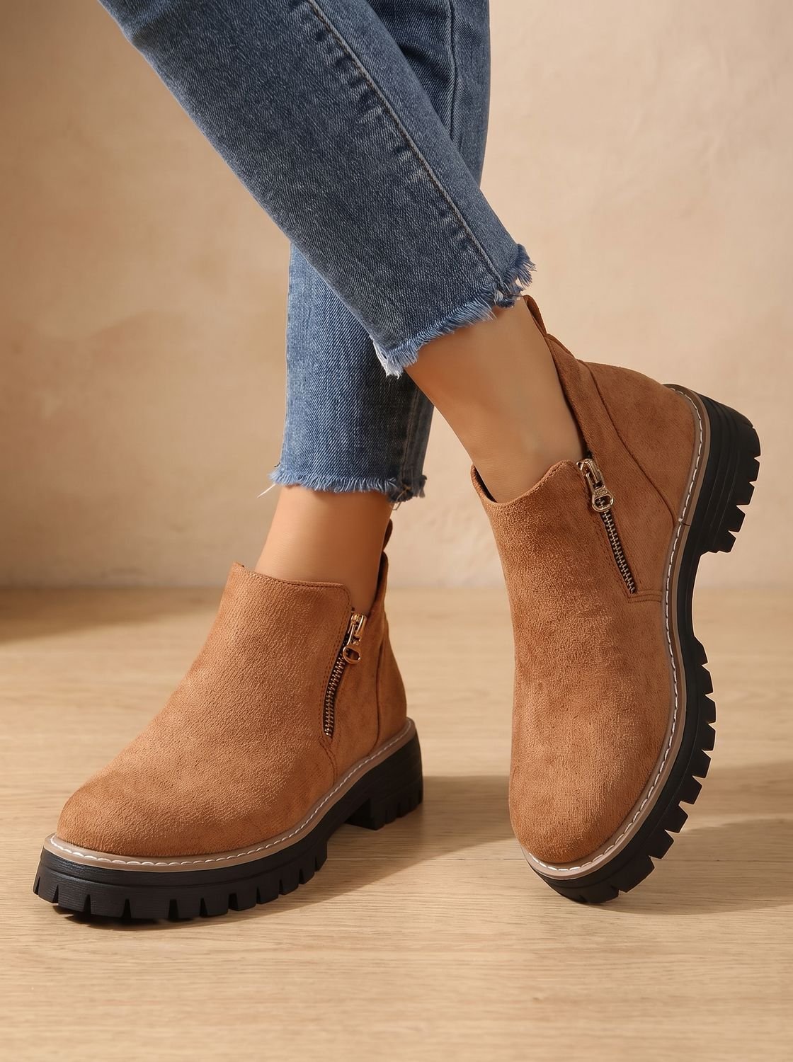 Solene | Leopard Print Black Leather Low Heel Chunky Ankle Boots — Brown
