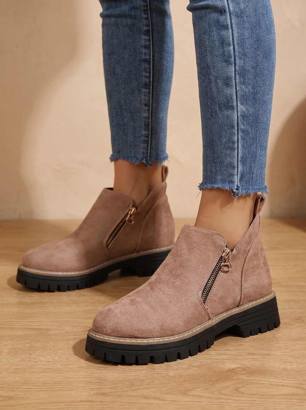 Solene | Leopard Print Black Leather Low Heel Chunky Ankle Boots — Apricot