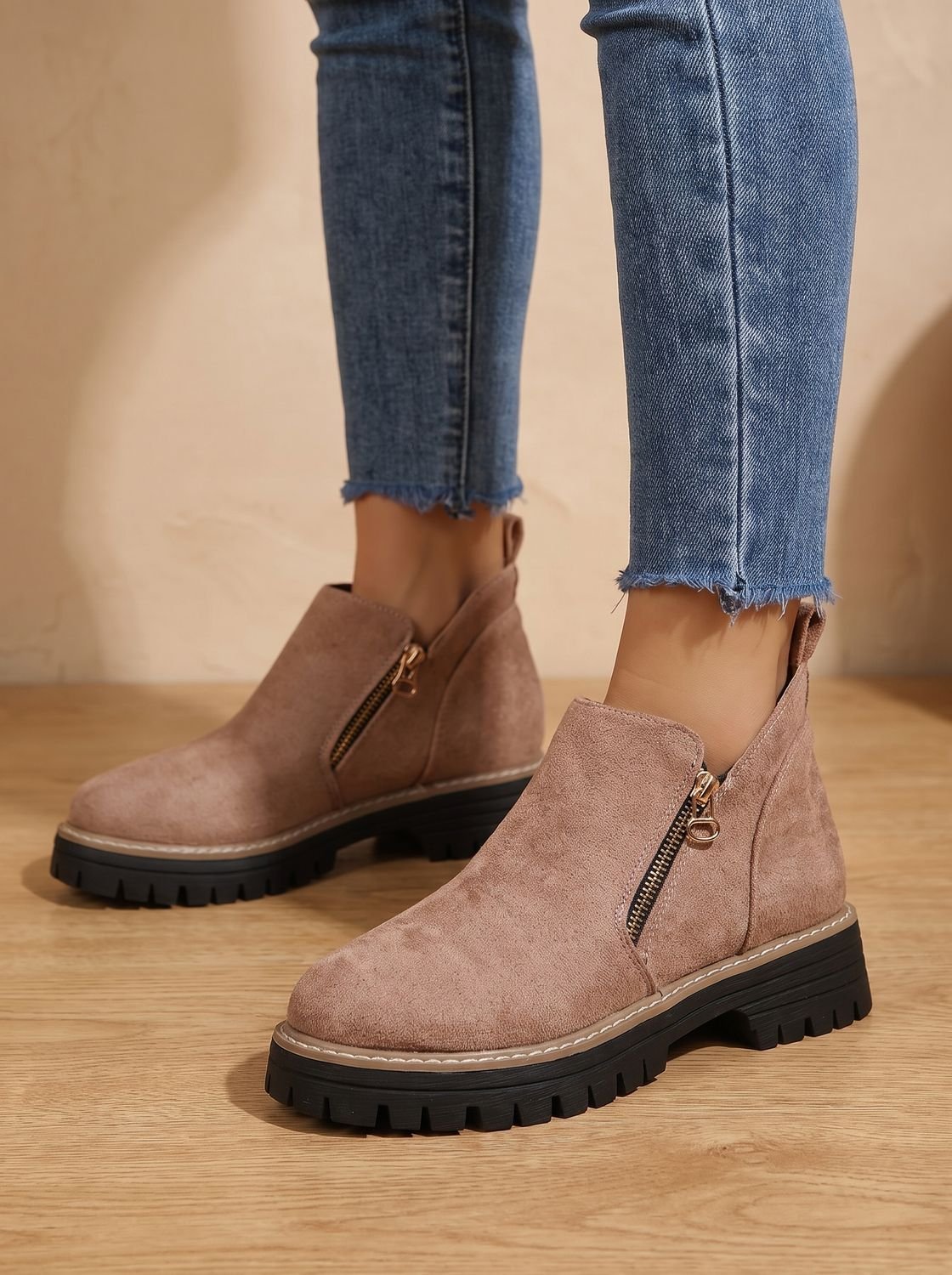 Solene | Leopard Print Black Leather Low Heel Chunky Ankle Boots — Apricot