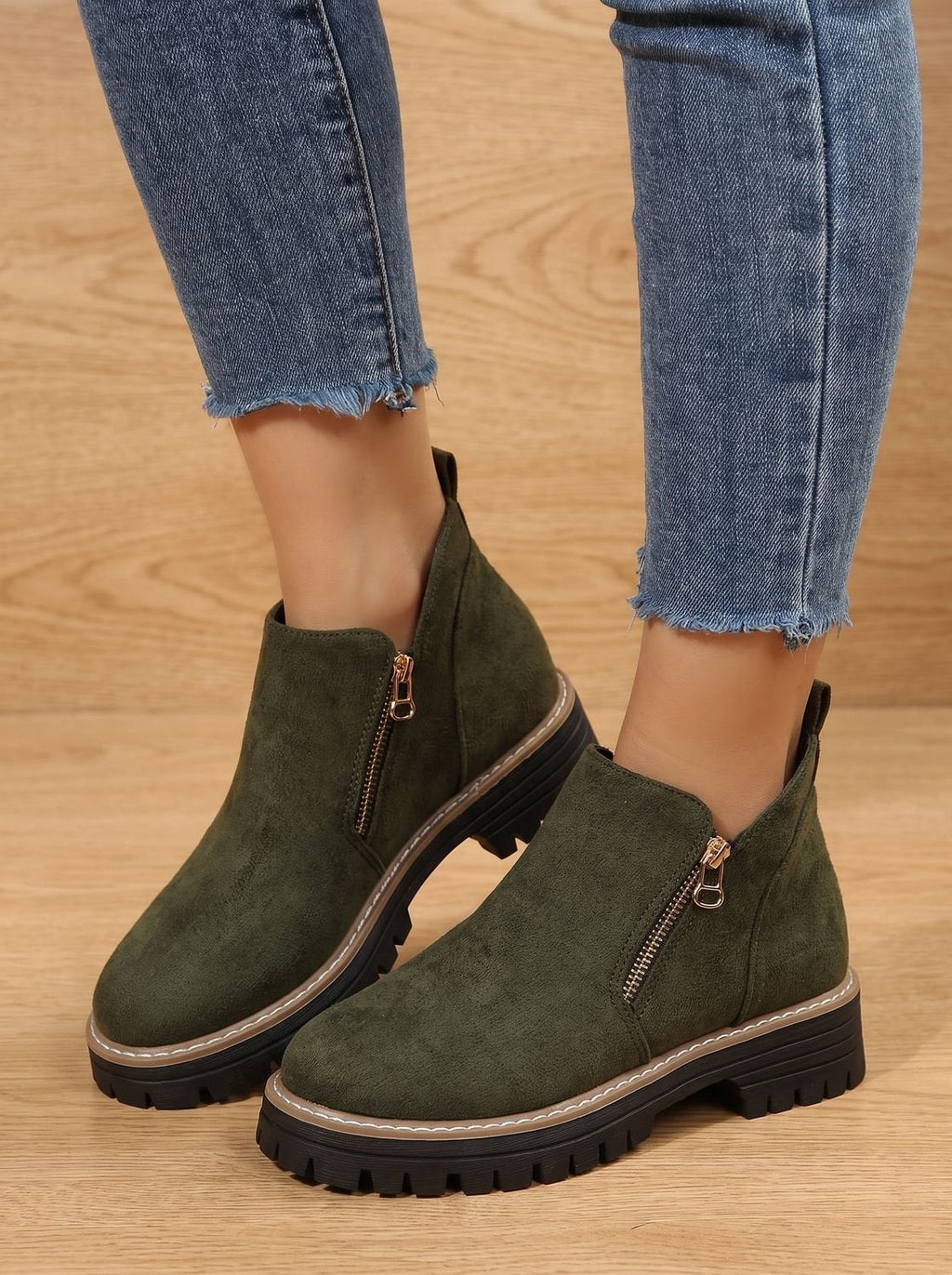 Solene | Leopard Print Black Leather Low Heel Chunky Ankle Boots — Army Green