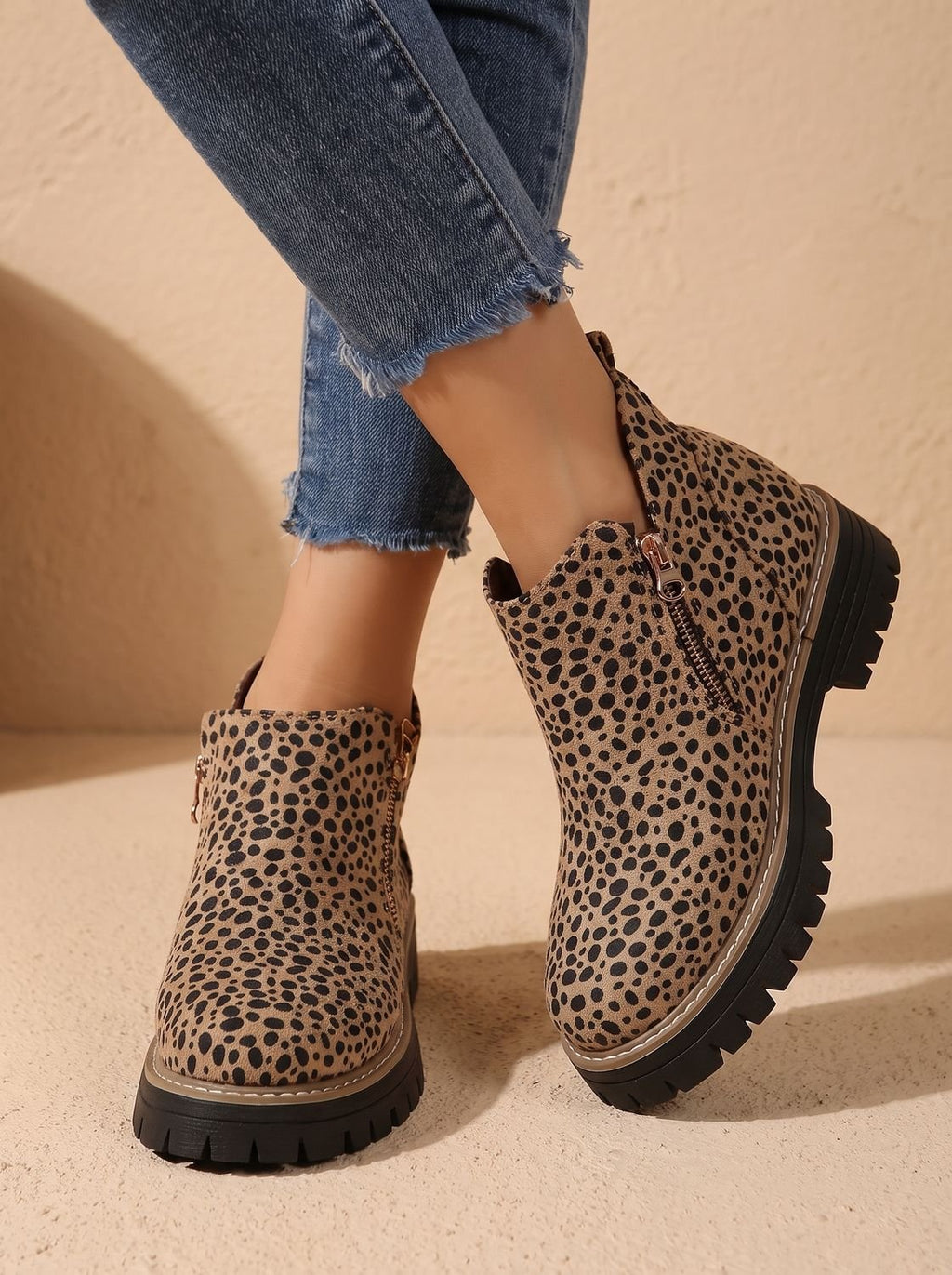 Solene | Leopard Print Black Leather Low Heel Chunky Ankle Boots — Beige