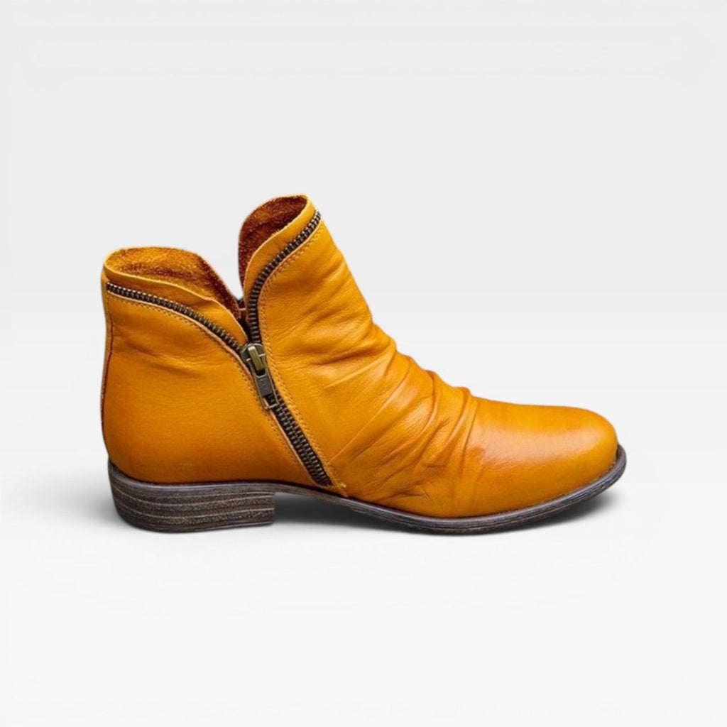 Liliana | Black Leather Low Heel Ankle Boots With Side Zip — Yellow
