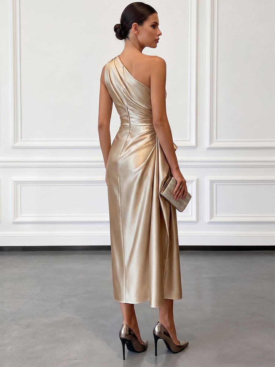 Mathilde | Satin One-Shoulder Ruched Midi Wedding Guest Dress
