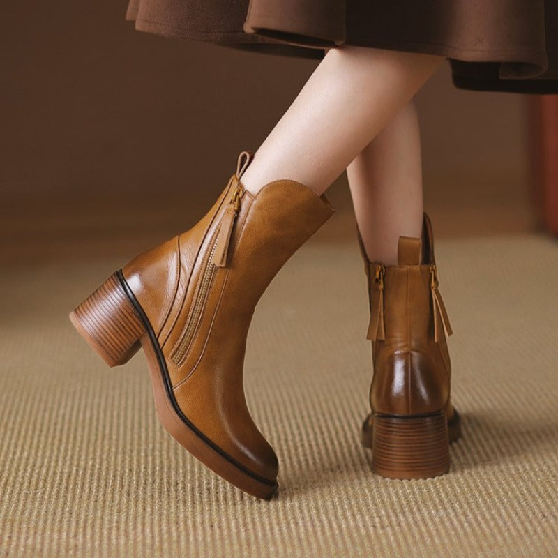 Lucinda | Black Brown Leather Low Heeled Ankle Boots High Heel