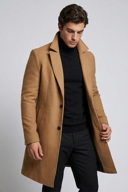 Caspian | Formal Longline Tailored Wool Black Coat — Camel