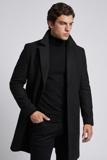 Caspian | Formal Longline Tailored Wool Black Coat — Black