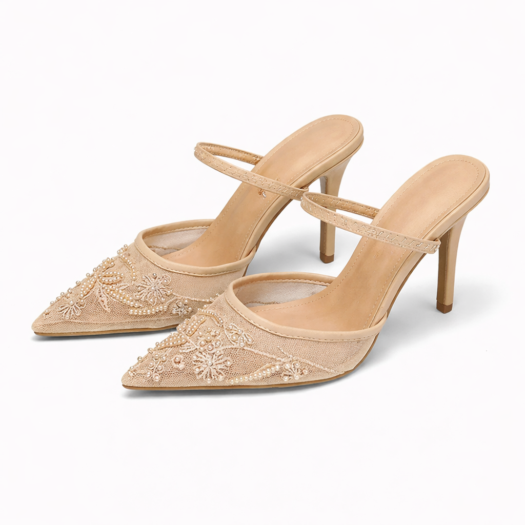 Josephine | Embroidered Mesh Mule Heels Pointed Toe Wedding Guest