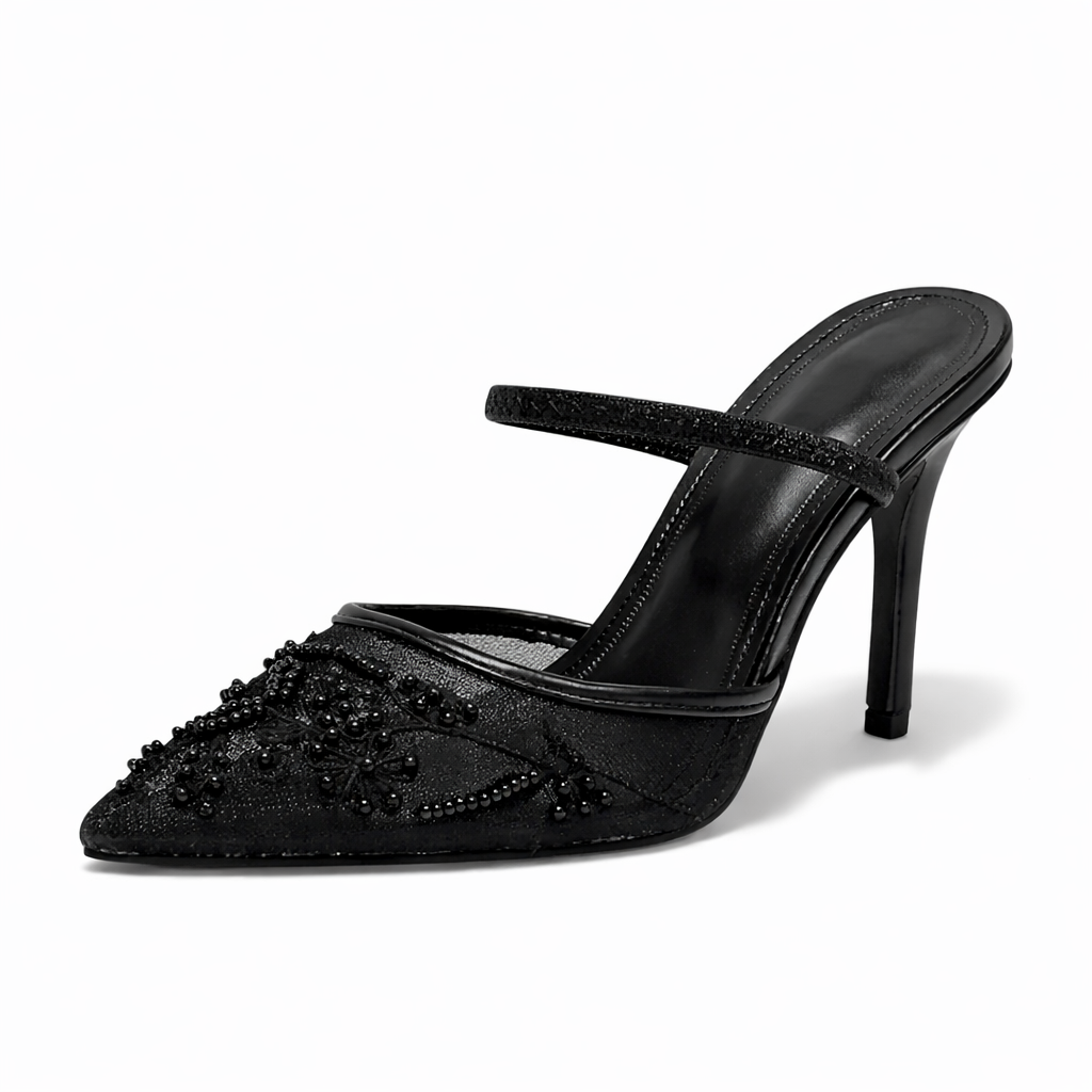 Josephine | Embroidered Mesh Mule Heels Pointed Toe Wedding Guest