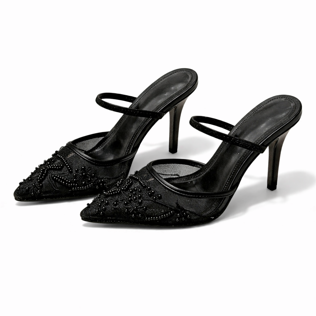 Josephine | Embroidered Mesh Mule Heels Pointed Toe Wedding Guest