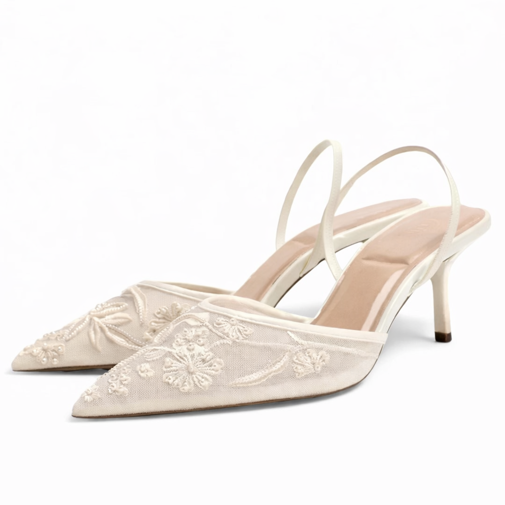 Josephine | Embroidered Mesh Mule Heels Pointed Toe Wedding Guest