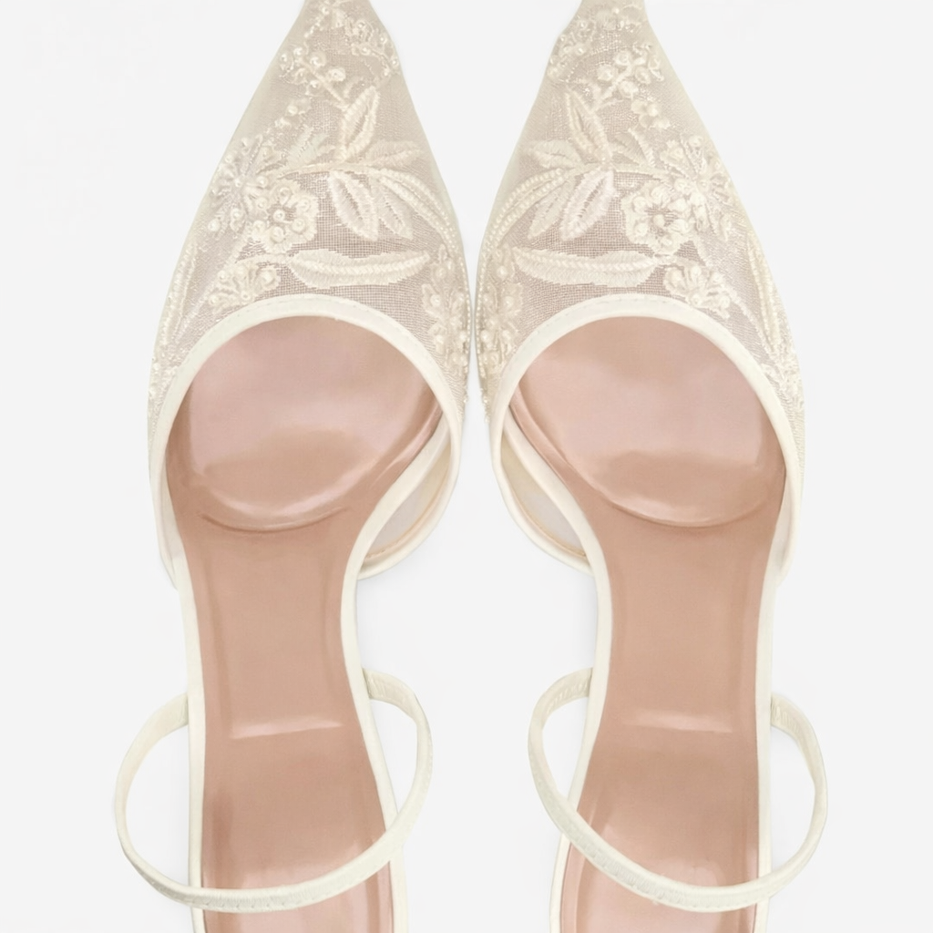 Josephine | Embroidered Mesh Mule Heels Pointed Toe Wedding Guest