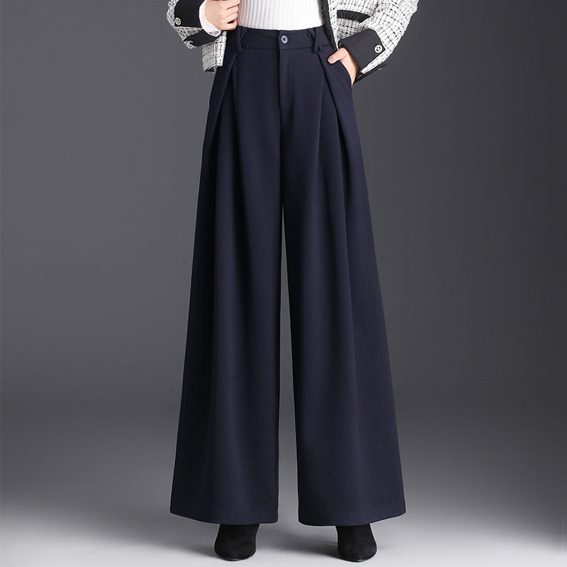 Rosalind | Camel Pleated High Waisted Wide Leg Tailored Satin Trousers — Navy Blue