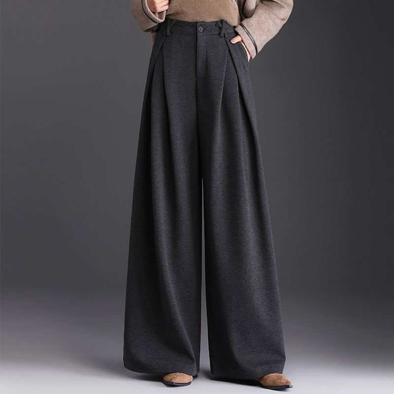 Rosalind | Camel Pleated High Waisted Wide Leg Tailored Satin Trousers — Dark Grey
