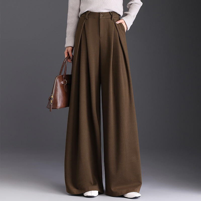 Rosalind | Camel Pleated High Waisted Wide Leg Tailored Satin Trousers — Olive Brown