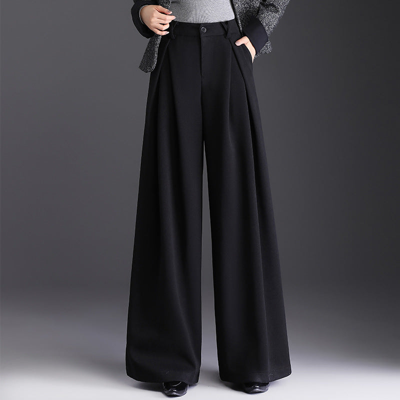 Rosalind | Camel Pleated High Waisted Wide Leg Tailored Satin Trousers — Black