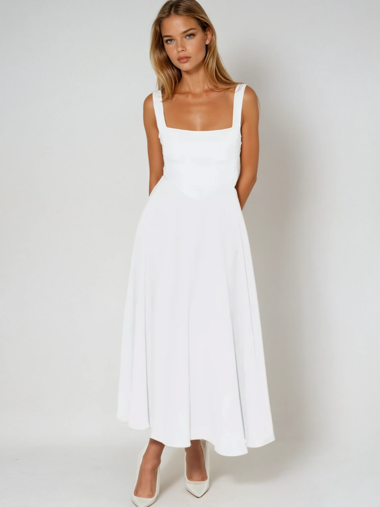 Delia | Sage White Red Black Midi Dress Square Neck Wedding Guest