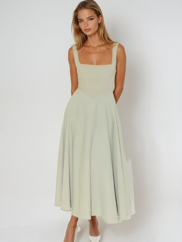 Delia | Sage White Red Black Midi Dress Square Neck Wedding Guest