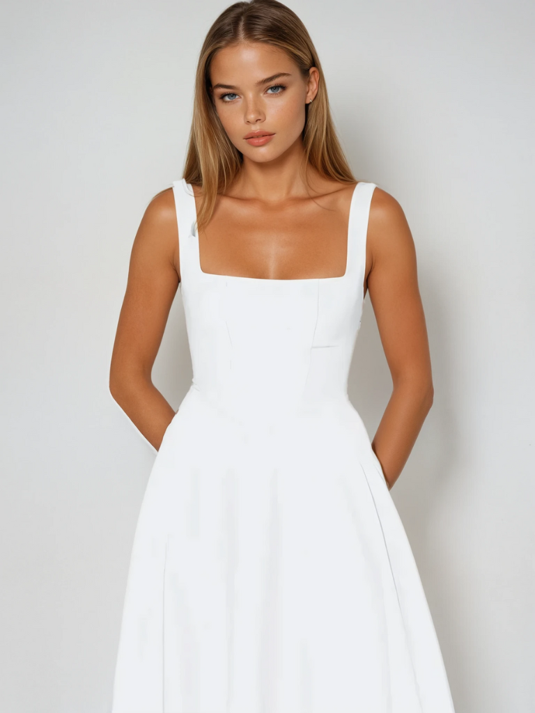 Delia | Sage White Red Black Midi Dress Square Neck Wedding Guest