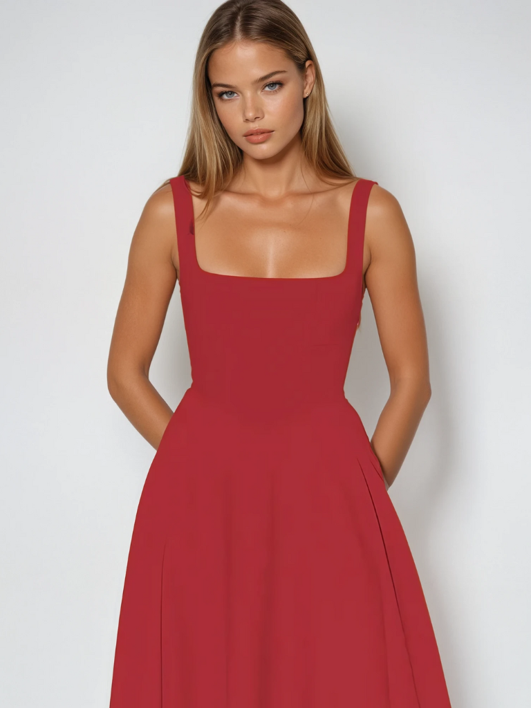 Delia | Sage White Red Black Midi Dress Square Neck Wedding Guest