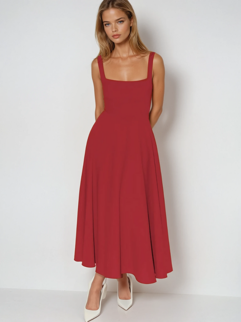 Delia | Sage White Red Black Midi Dress Square Neck Wedding Guest