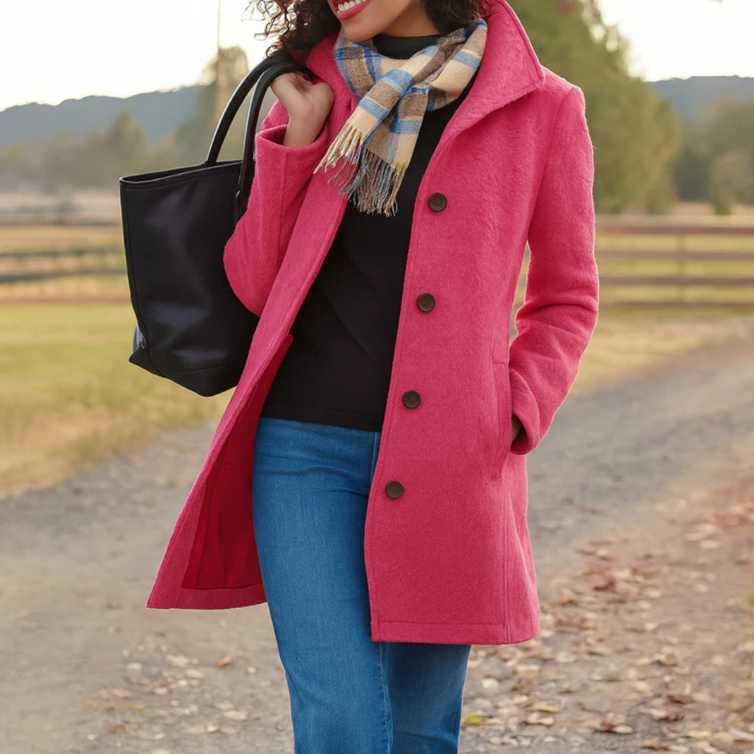 Oceane | Black Long Winter Coat Full Length Button Front — Pink