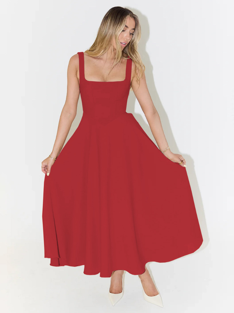 Delia | Sage White Red Black Midi Dress Square Neck Wedding Guest