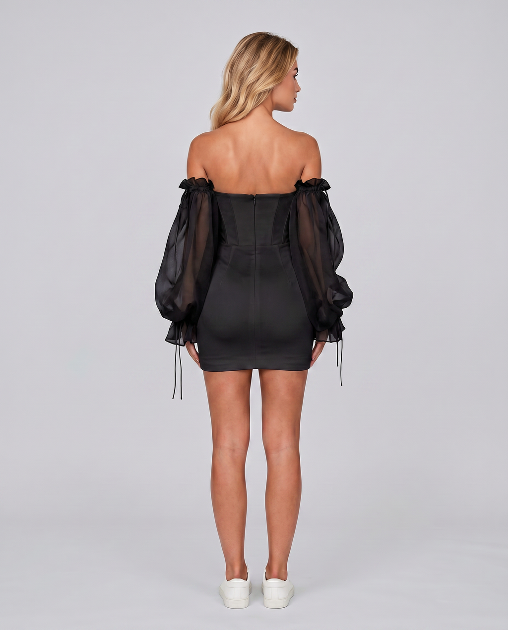 Leonie | Black Corset Mini Dress With Sheer Balloon Sleeves