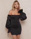 Leonie | Black Corset Mini Dress With Sheer Balloon Sleeves
