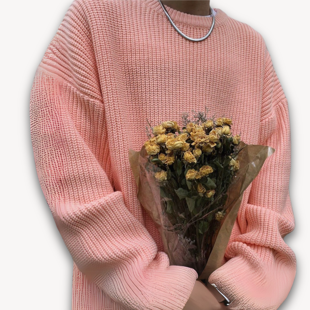 Persephone | Cream Chunky Cable Knit Roll Neck Oversized Jumper Sweater — Pink