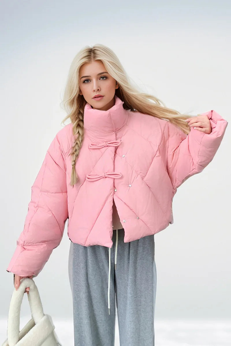 Dominique | Cropped Leather Jacket With Bow Detail For Winter