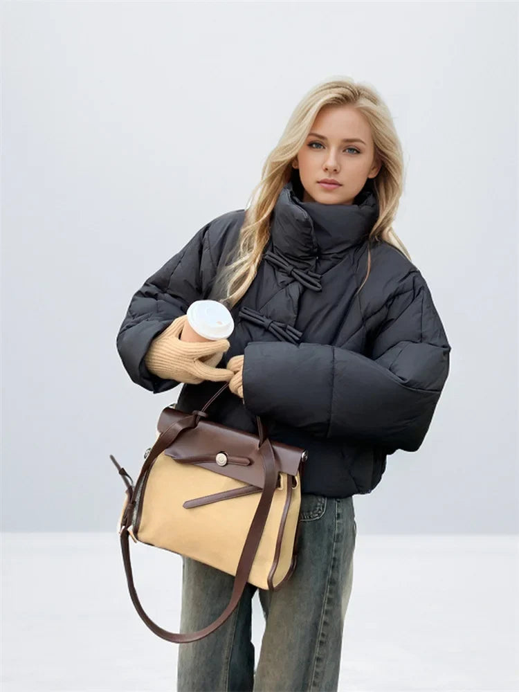 Dominique | Cropped Leather Jacket With Bow Detail For Winter