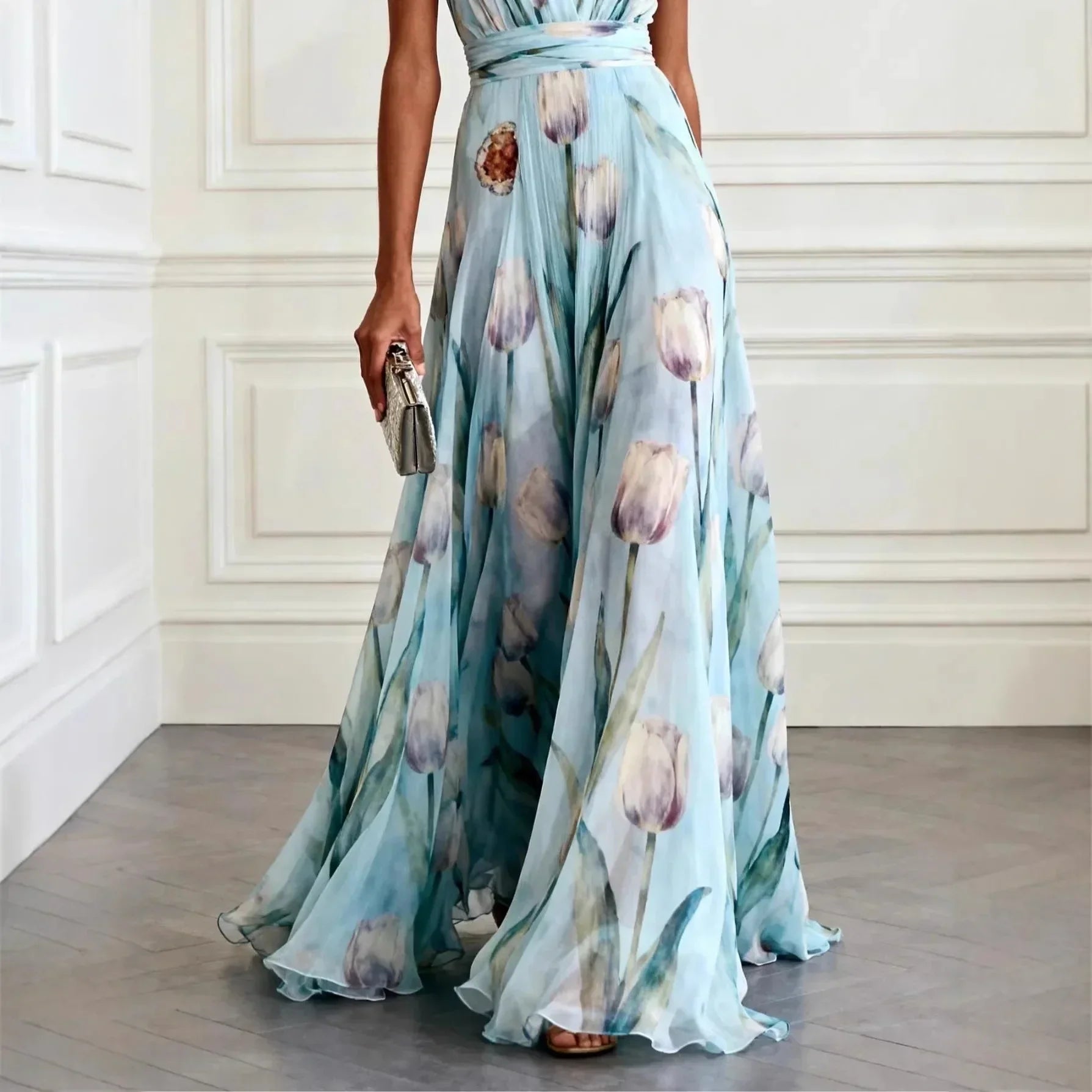 Lucienne | Tulip Print V-Neck Maxi Wedding Guest Dress