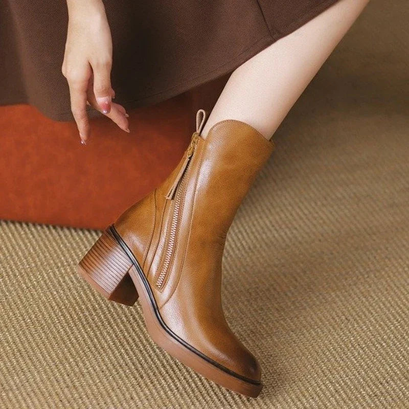 Lucinda | Black Brown Leather Low Heeled Ankle Boots High Heel