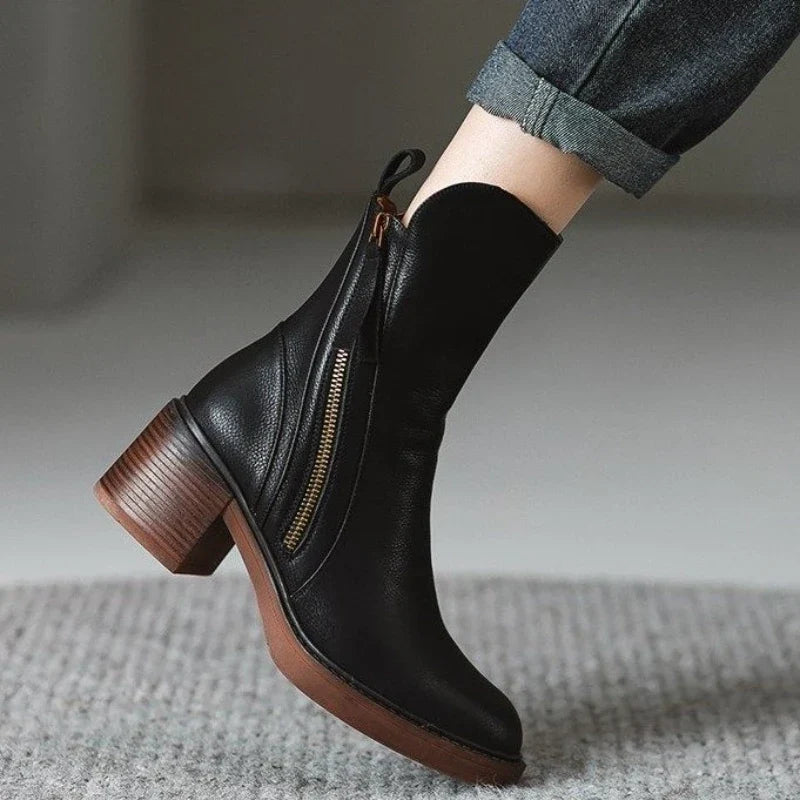 Lucinda | Black Brown Leather Low Heeled Ankle Boots High Heel — Black