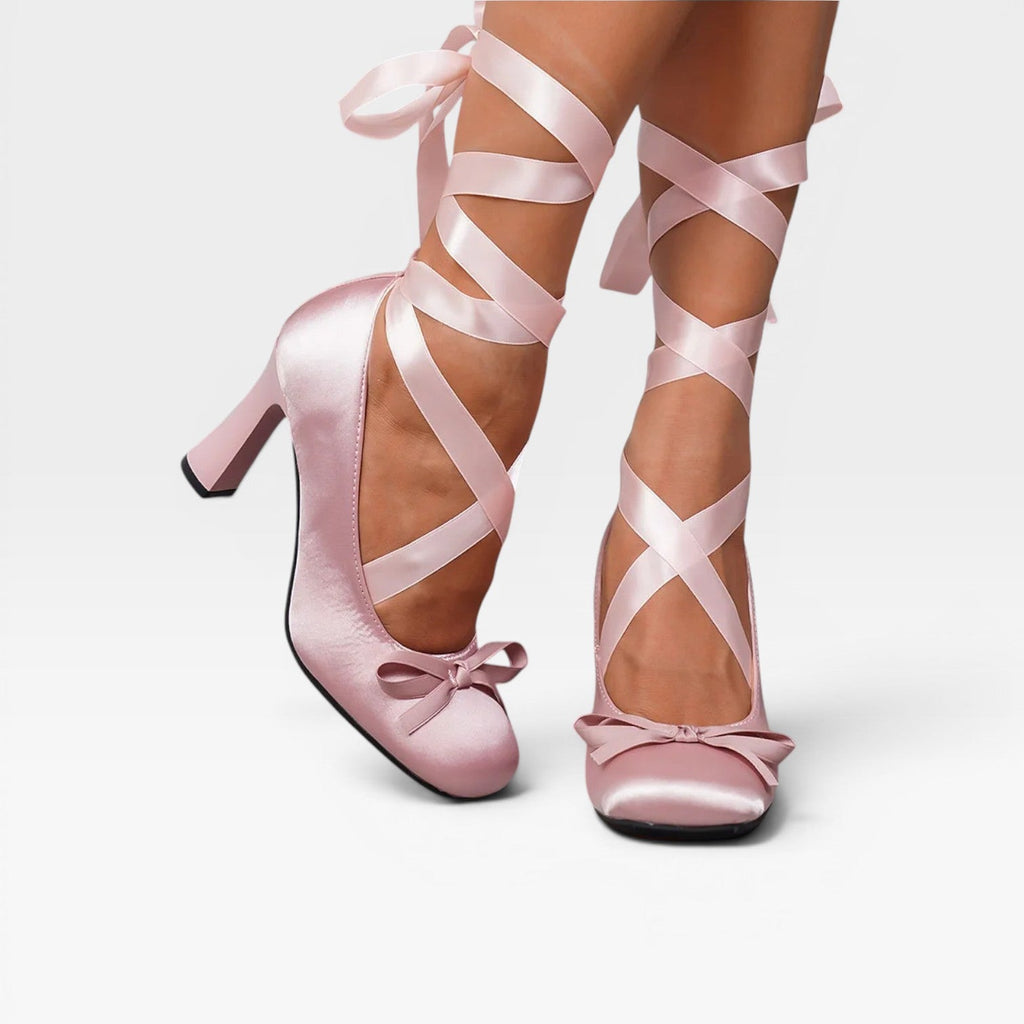 Wilhelmina | Gold Block Heels For Wedding With Satin Ribbon Ties