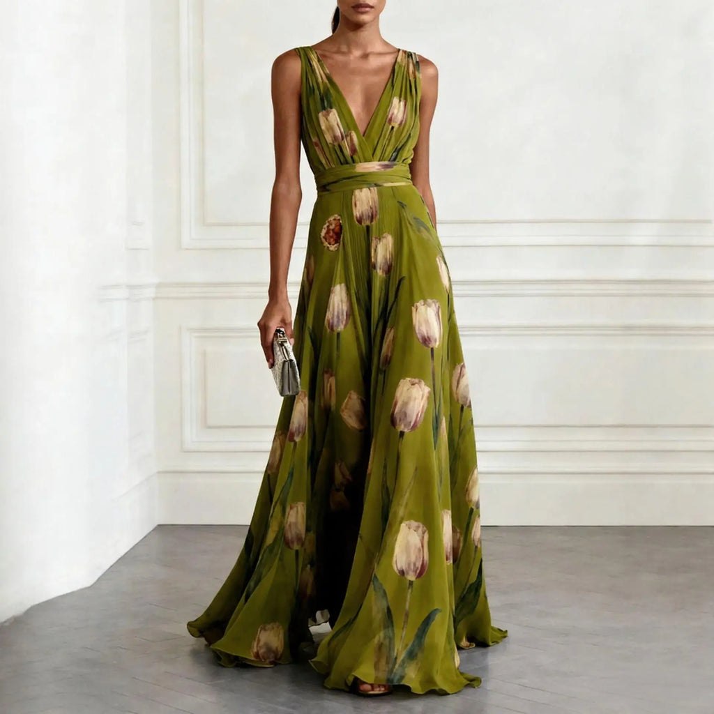 Eulalie | Tulip Print V-Neck Maxi Wedding Guest Dress